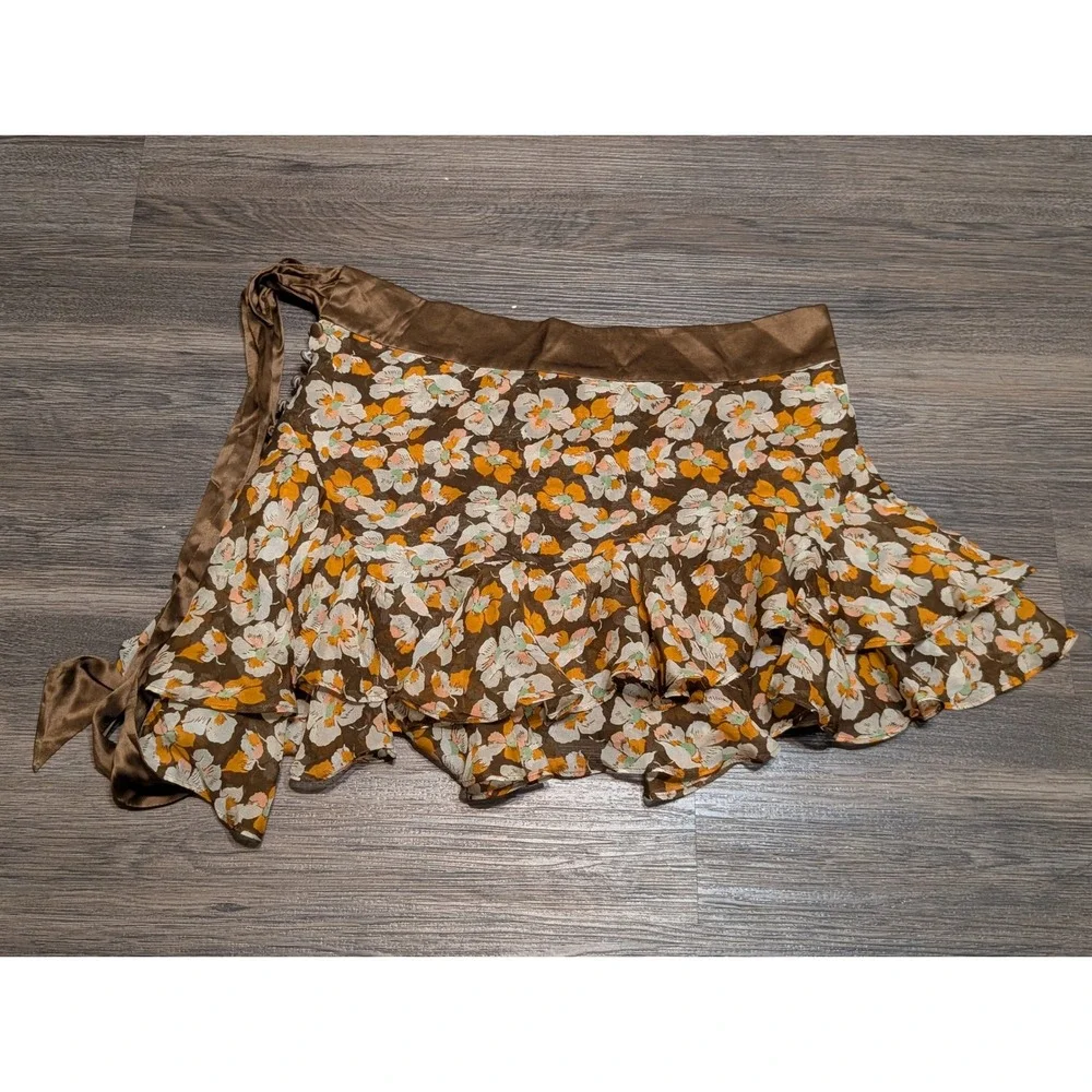 Abercrombie & Fitch Silk Floral Ruffle Mini Skirt Brown Orange Size‎ 0 Y2K NWT